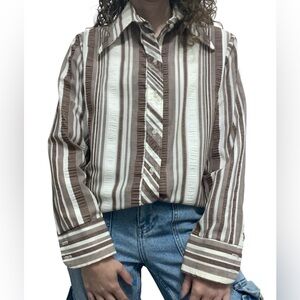 Vintage Cos Cob Brown and White Striped Button Down Blouse Western Womens M